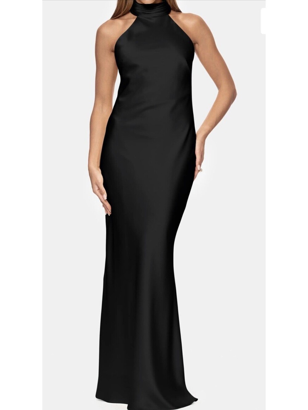 New Xscape Halter Neck Satin Sheath Gown In Black Size 6 $278